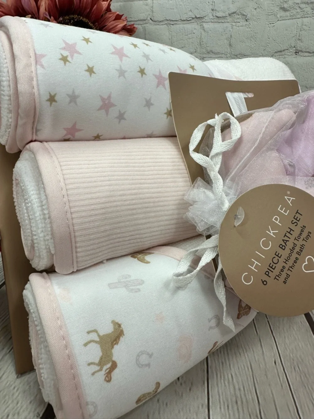 NWT chick pea 6pc Baby Bath Set hooded towels bath toys cowgirl horse western